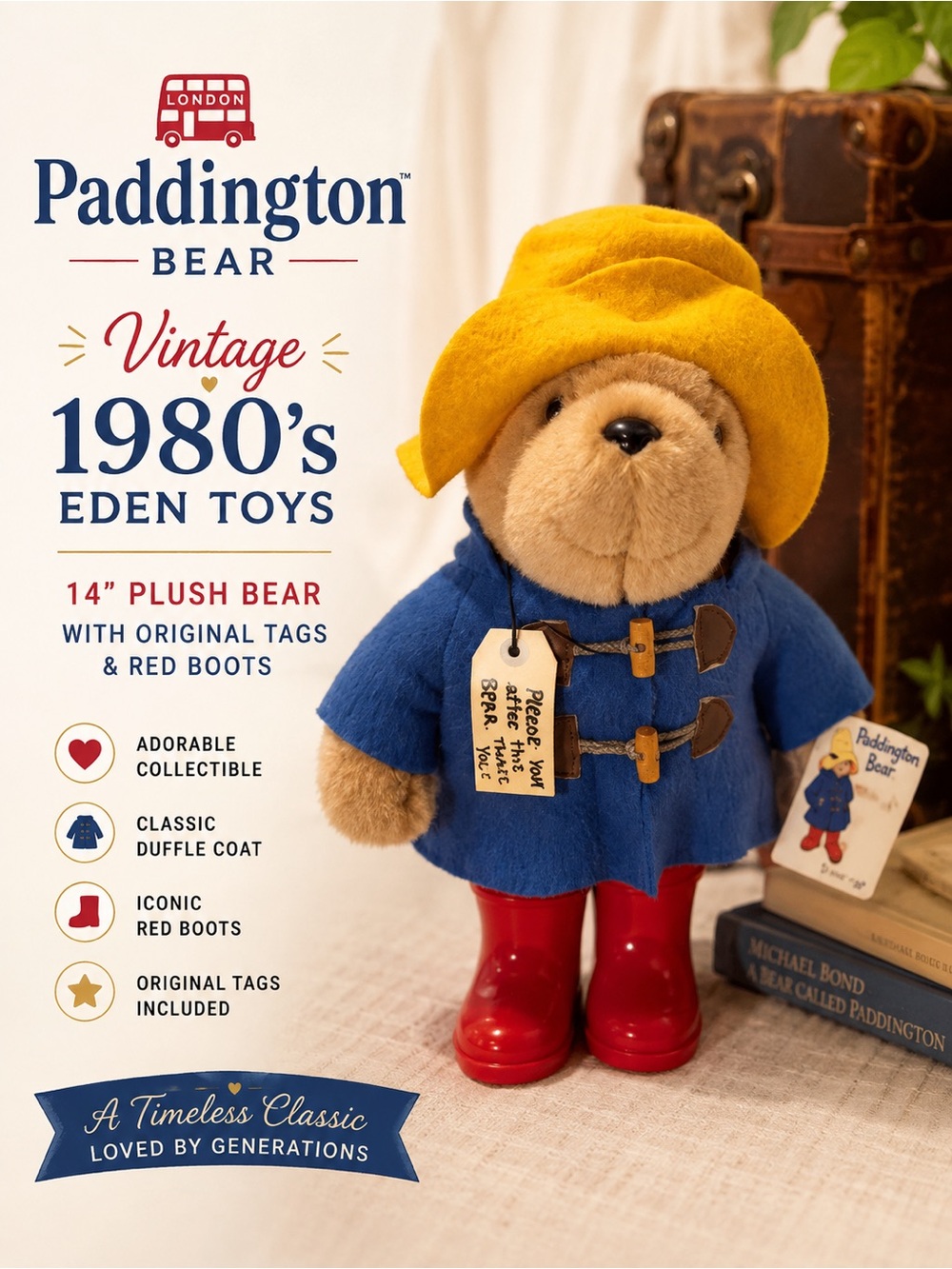 Vintage 1980’s Eden Toys Paddington Bear Plush 14” w/  Original Tags & Red Boots